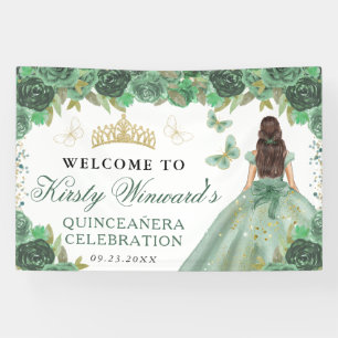 Green Dress Brunette Princess Floral Quinceanera Banner