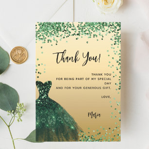 Green dress confetti Quinceanera thank you card