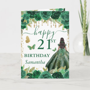 Green Dress Dark Skin Princess Birthday Card