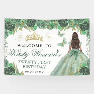 Green Dress Dark Skin Princess Floral Birthday Banner