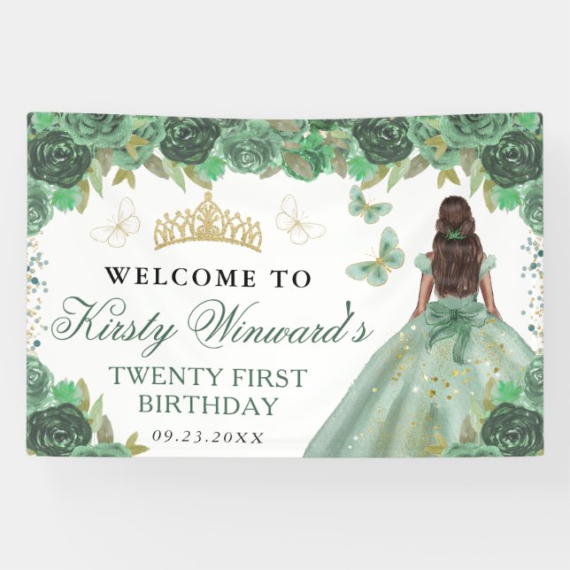 Green Dress Dark Skin Princess Floral Birthday Banner (Horizontal)