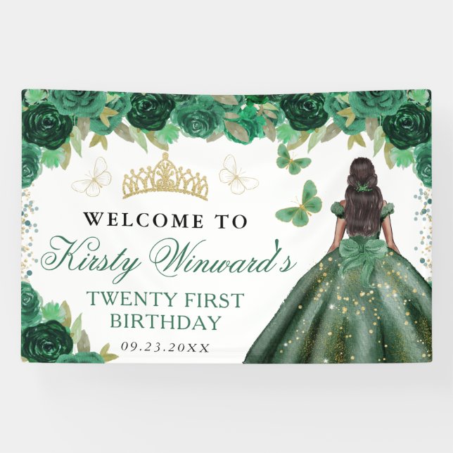 Green Dress Dark Skin Princess Floral Birthday Banner (Horizontal)