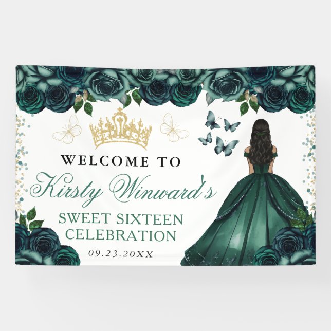 Green Dress Dark Skin Princess Floral Sweet 16 Banner (Horizontal)