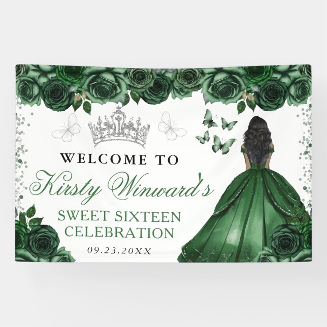 Green Dress Dark Skin Princess Floral Sweet 16 Banner (Horizontal)