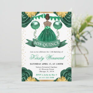 Green Dress Dark Skin Princess Quinceanera Invitation