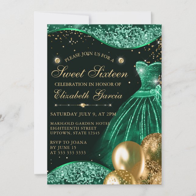 Green Dress & Gold Glitter Balloons Sweet 16 Invitation (Front)