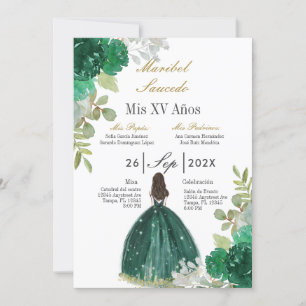 Green dress quinceañera invitation