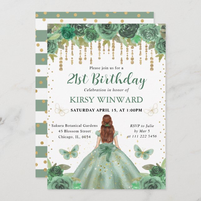 Green Dress Red Haired Princess Birthday Invitation (Front/Back)