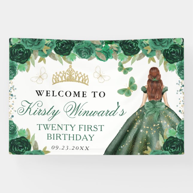 Green Dress Red Haired Princess Floral Birthday Banner (Horizontal)