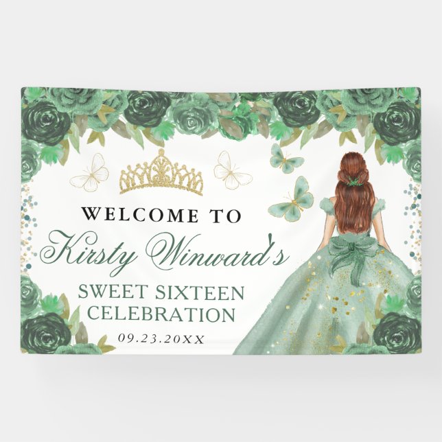 Green Dress Red Haired Princess Floral Sweet 16 Banner (Horizontal)