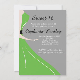 Green Dress Silhouette Sweet 16 Invitation