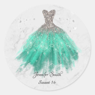 Green dress silver glitter sweet sixteen classic round sticker