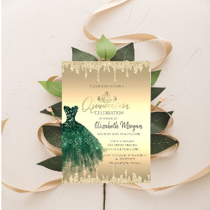 Green Dress,Tiara,Glitter Drips Gold Quinceañera  Invitation