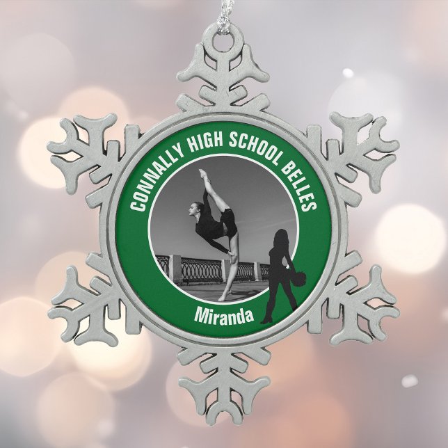 Green Drill Team Photo High School Dancer Snowflake Pewter Christmas Ornament (Creator Uploaded)