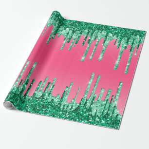 Green Dripping Glitters Chic Pink Watermelon Colou Wrapping Paper