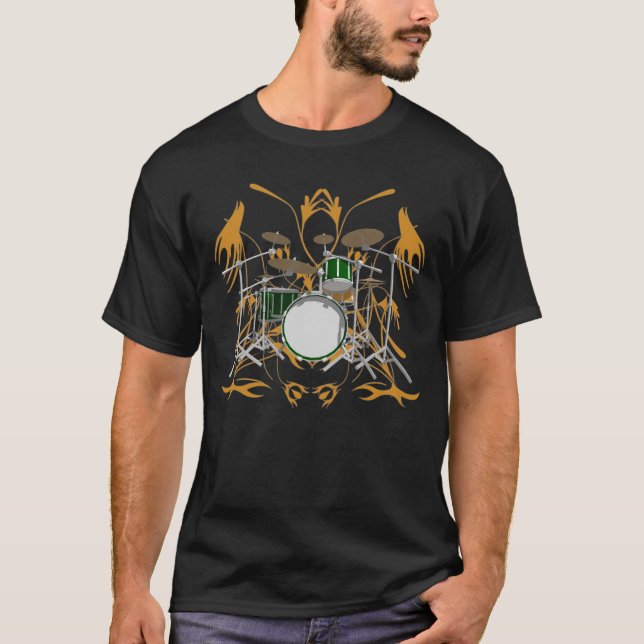 Green Drum Kit & Tribal Artwork: Black T-Shirt (Front)