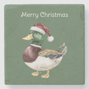 Green Duck Santa Hat Christmas Stone Coaster