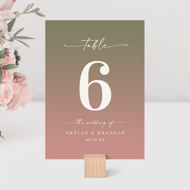 Green & Dusty Rose Pink Ombre Monogrammed Wedding Table Number (Creator Uploaded)