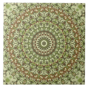 Green Earthy Kaleidoscopic Medallion Pattern Ceramic Tile