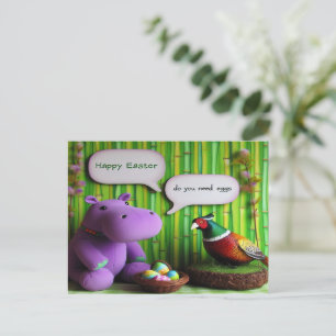 Green Easter Fun: Hippo & Pheasant Eggs Holiday Postcard