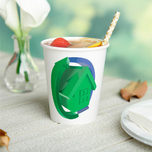 Green Eco House with Circular Arrows Paper Cups