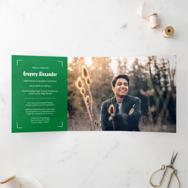 Green Edgy Abstract Brushstroke Photo Graduation Tri-Fold Invitation (Inside)