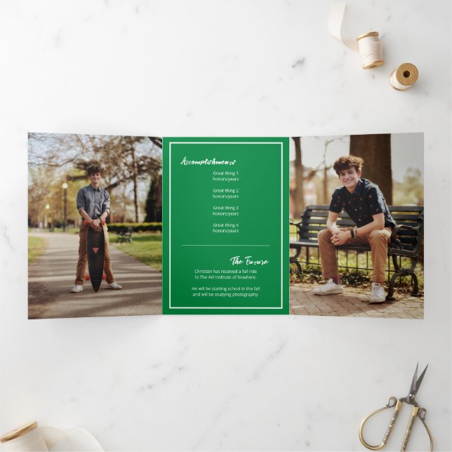 Green Edgy Abstract Torn Photo Graduation Tri-Fold Invitation (Inside)