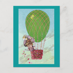 Green Egg Balloon and Lady in Gondola Vintage Postcard