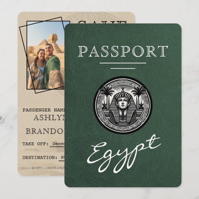 Green Egypt Passport Wedding Save the Date (Front/Back)