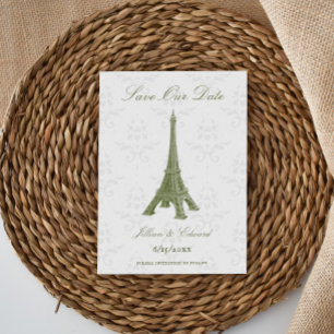 Green Eiffel Tower Damask Save The Date Announcement