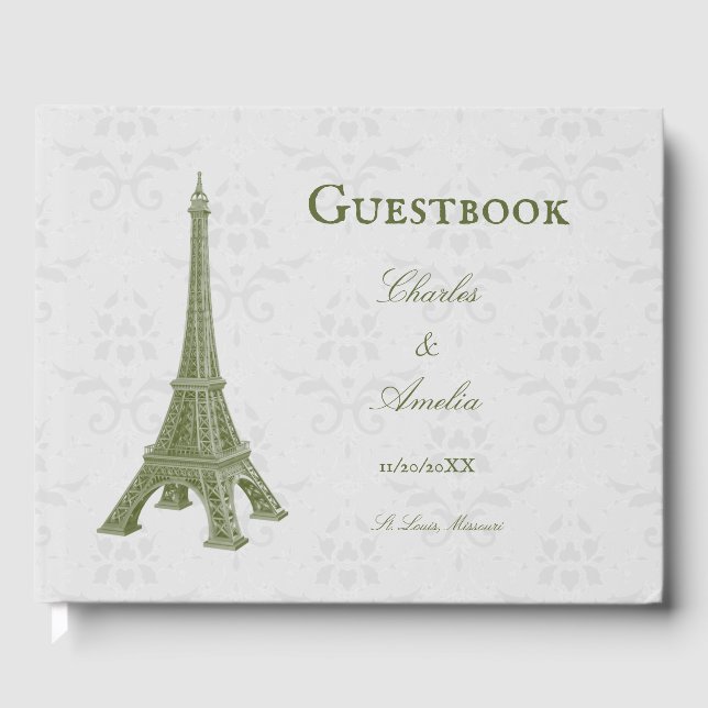 Green Eiffel Tower Damask Wedding Guestbook (Front)