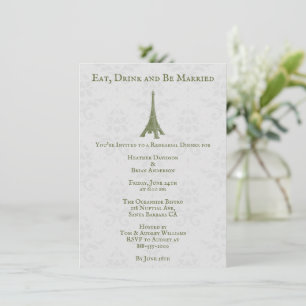 Green Eiffel Tower Damask Wedding Rehearsal Dinner Invitation