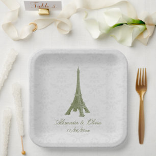 Green Eiffel Tower Damask Wedding Shower Paper Plate
