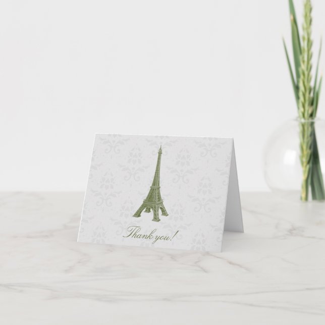 Green Eiffel Tower Damask Wedding Thank You Cards (Front)