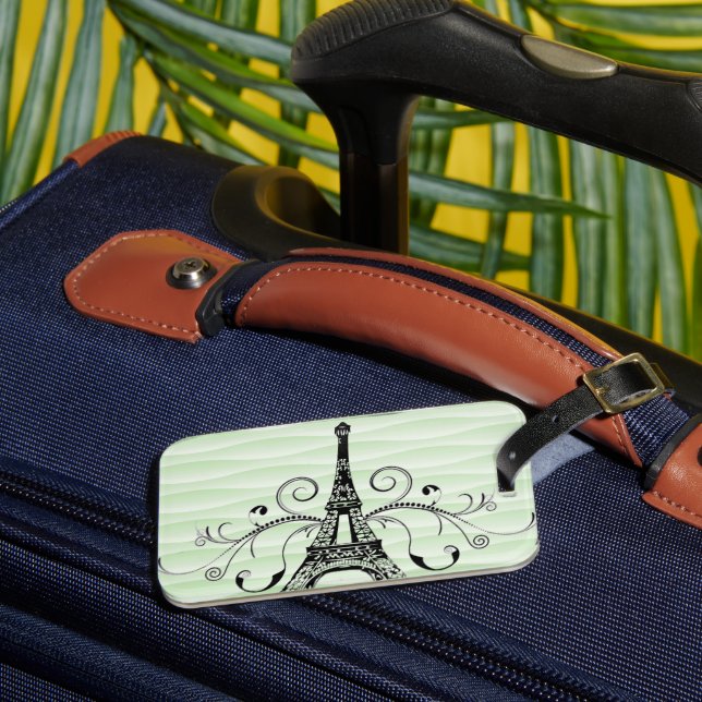 Green Eiffel Tower Flourish Luggage Tag (Front Insitu 3)
