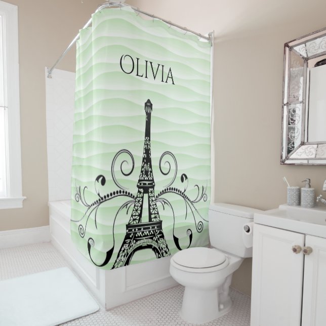 Green Eiffel Tower Flourish Shower Curtain (In Situ)