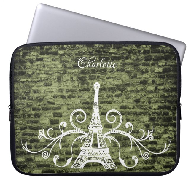 Green Eiffel Tower Grunge Laptop Sleeve (Front)