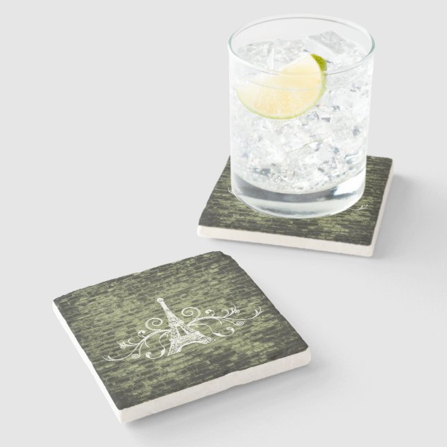 Green Eiffel Tower Grunge Stone Coaster (Side)