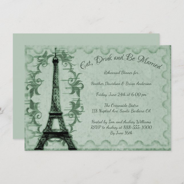 Green Eiffel Tower Rehearsal Dinner Invitation (Front/Back)