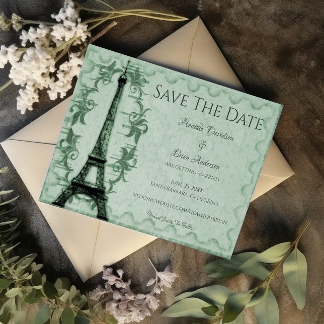 Green Eiffel Tower Save The Date Announcement (Green Eiffel Tower Save the Date)