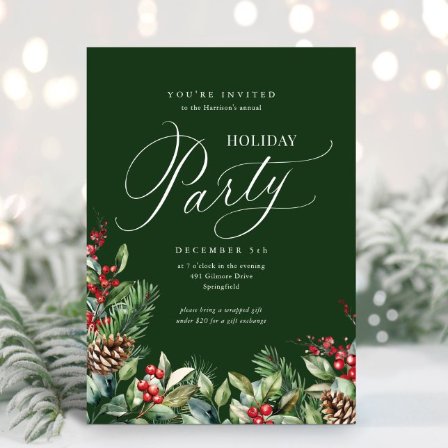 Green Elegant Botanical Script Holiday Party Invitation (Creator Uploaded)