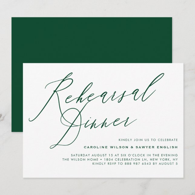 Green Elegant Calligraphy Rehearsal Dinner Invitation (Front/Back)