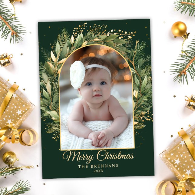 Green Elegant Christmas 1 Photo Botanical Modern Holiday Card (Green Elegant Christmas 1 Photo Botanical Modern Holiday Card)