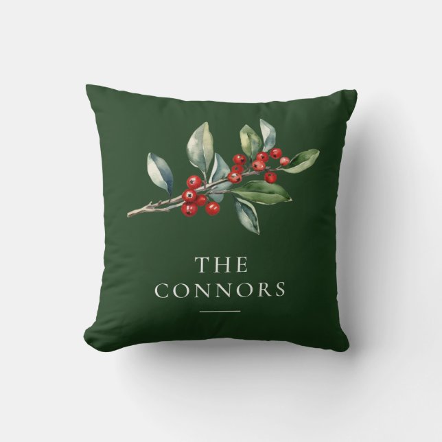 Green Elegant Christmas Botanical Reversible Cushion (Front)
