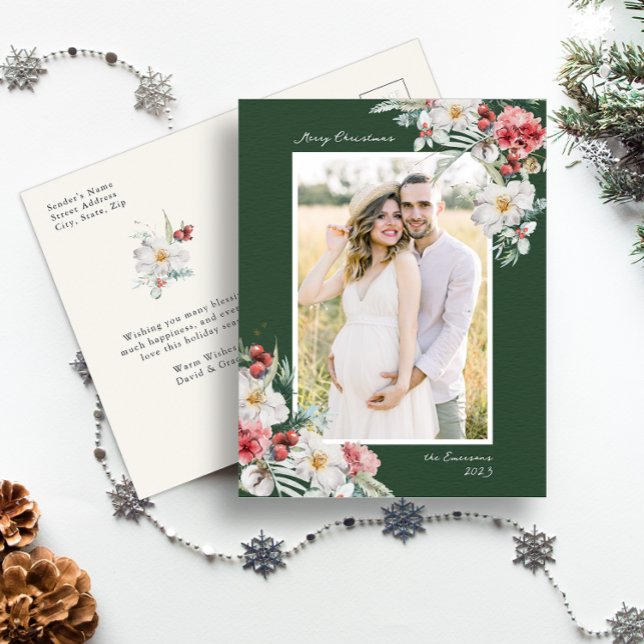 Green Elegant Christmas Photo Holiday Postcard (Green Merry Christmas Holiday Postcard Simple Elegant Watercolor Botanical Floral Berries)