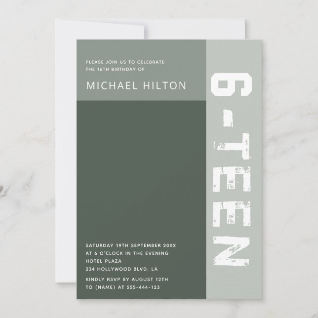 Green elegant colour block boy sweet sixteen invitation (Front)