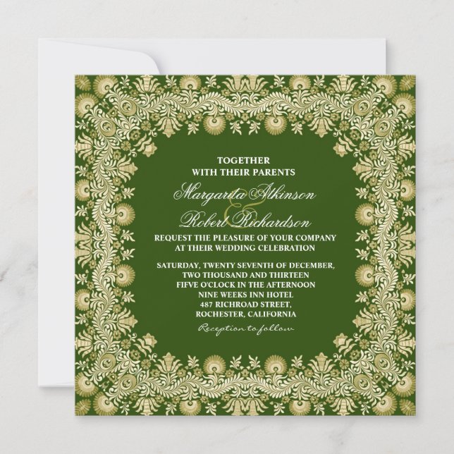 green elegant damask wedding invitations (Front)