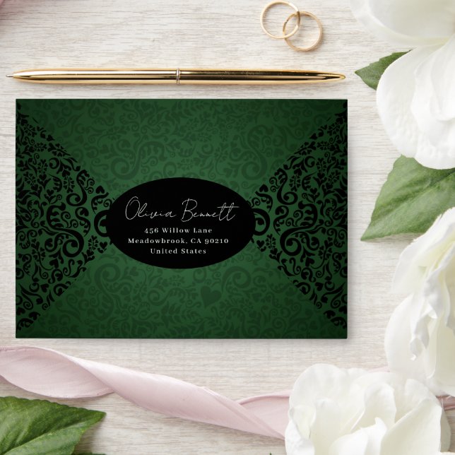 Green Elegant Dark Damask Pattern Envelope (Wedding)