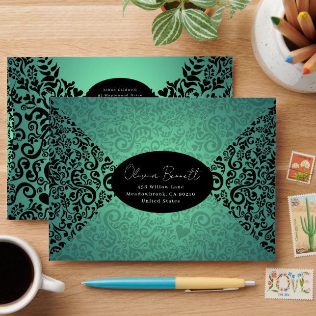 Green Elegant Dark Damask Pattern Envelope (Desk)