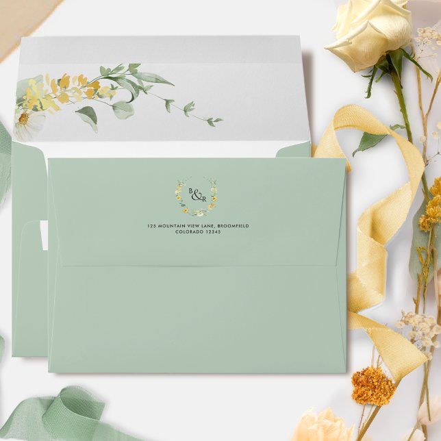 Green, Elegant Delicate Yellow Floral Wedding Envelope (Creator Uploaded)